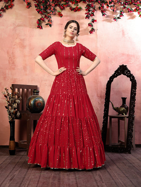 Casual Wear Red Santoon Gown With Fancy Sequins for 2023 - ClothsVilla.com