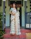 Beige With Aqua Pure Cotton Linen Saree with Geometric Floral Design and Tassels on Edges LINEN