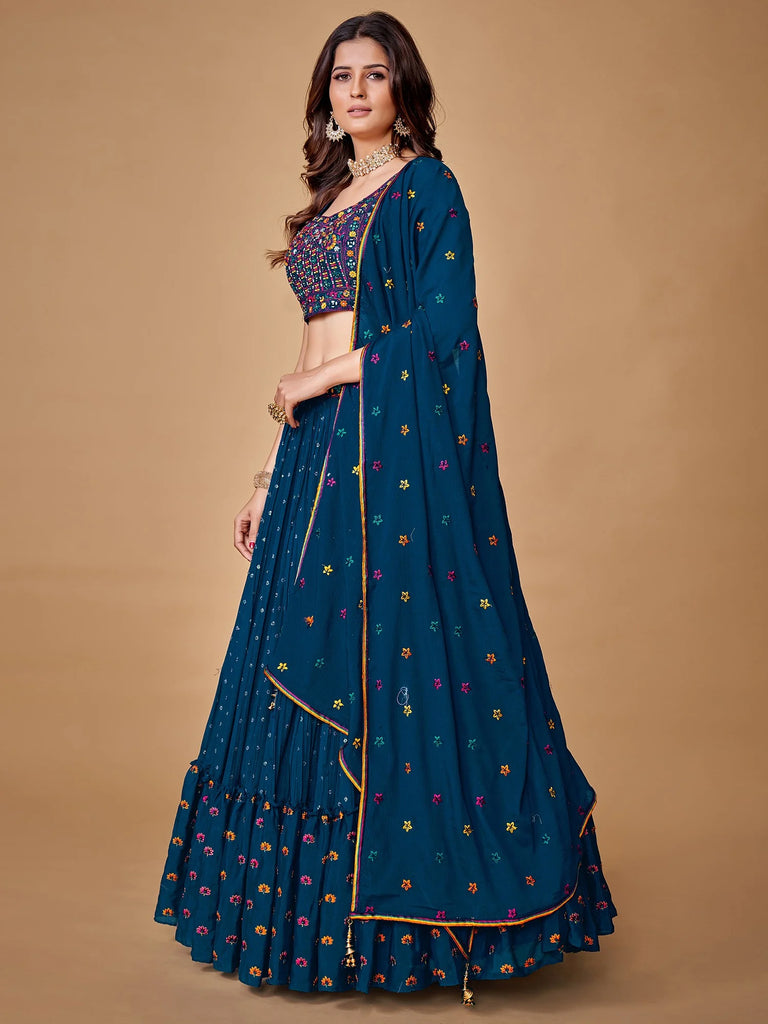 Beautiful Blue Color Fancy Silk With Embroidery Sequins Work Charming Lehenga Choli |Engagement Wear Clothsvilla