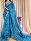 Elegant Blue Pure Linen Saree with Tassels and White Floral Patterns LINEN