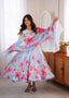 Sky Blue Floral Print Organza Silk Anarkali ClothsVilla
