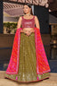 Indian Collection For Bridal Wear Lehenga Choli With Dupatta Olive-Pink Colour Clothsvilla