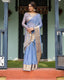 Sky Blue Plain Chiffon Saree with Gold Zari Border, Geometric Printed Blouse & Tassel Detailing CHIFFON