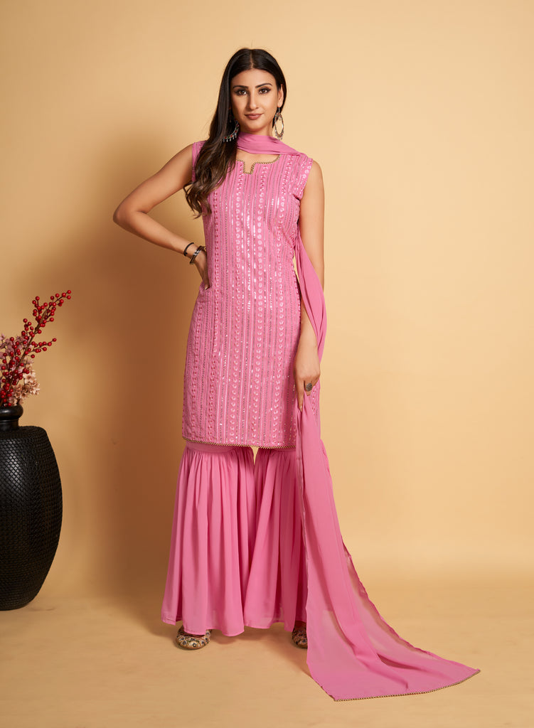 Stunning Pink Designer Sharara Kurti Dupatta Set - Embroidered Faux Georgette & Georgette ClothsVilla