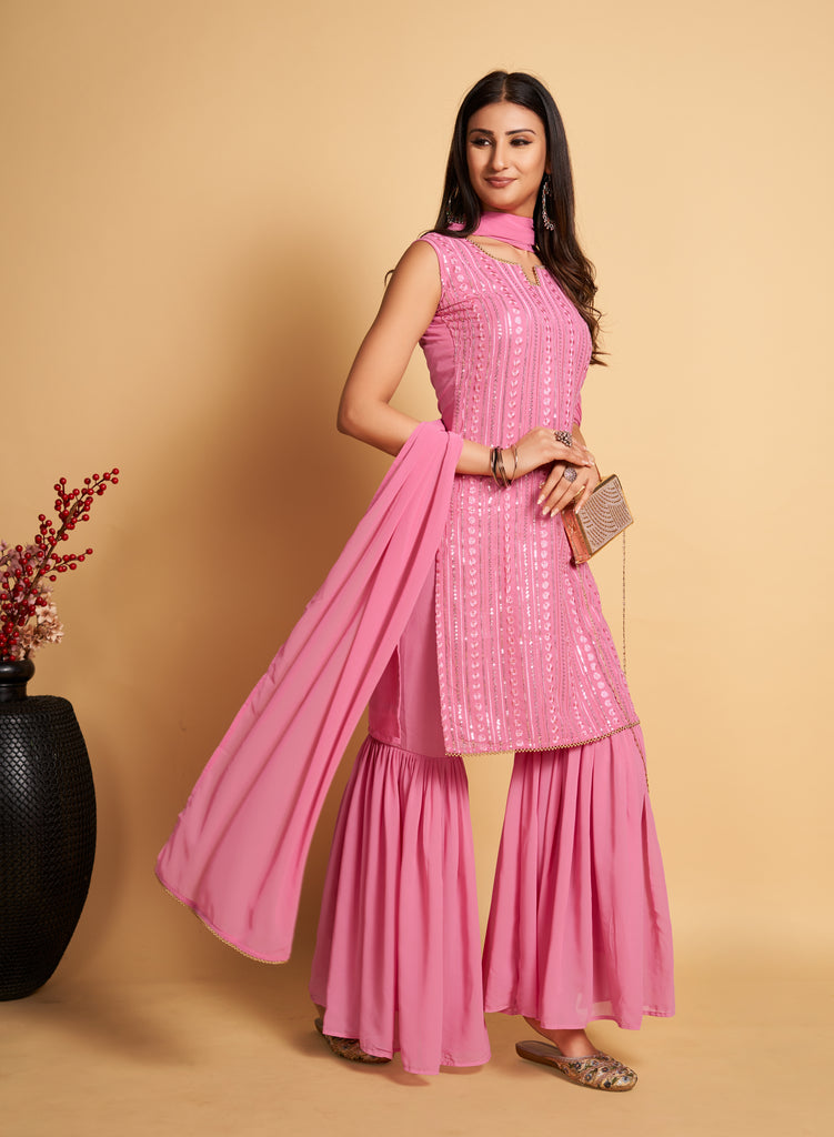 Stunning Pink Designer Sharara Kurti Dupatta Set - Embroidered Faux Georgette & Georgette ClothsVilla