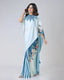 Icy Blue Designer Freehand Saree with Navy Starburst & Floral Print in Georgette Satin – Ready to Wear FREEHANDED