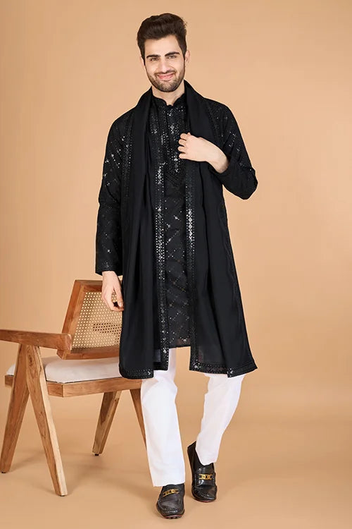 Black Color Kurta with Dupatta for Mens Wear - Main Image