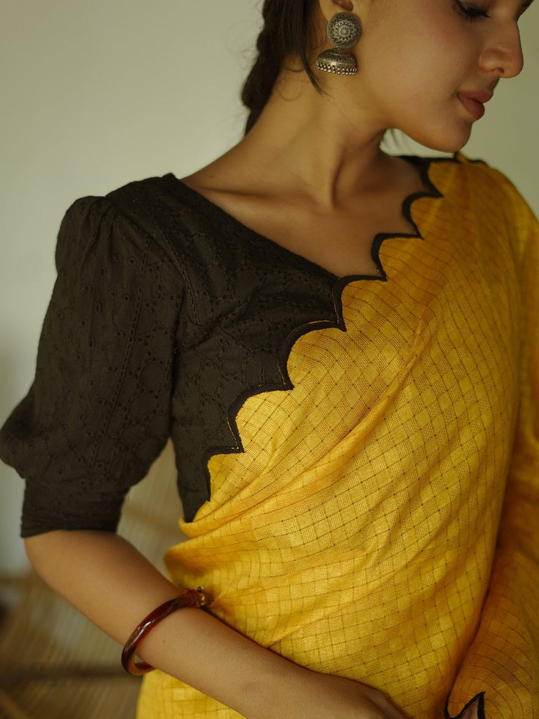 Exquisite Yellow Gadhwal Chex Saree with Arca Work and Lucknowi Work Blouse ClothsVilla
