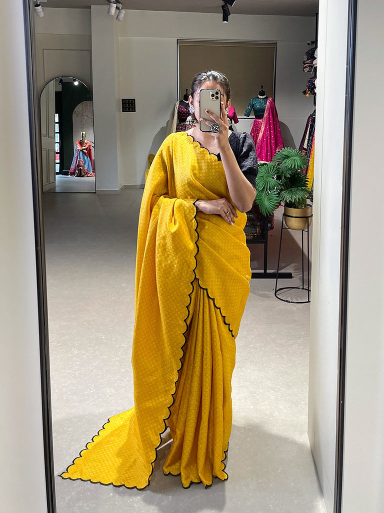 Exquisite Yellow Gadhwal Chex Saree with Arca Work and Lucknowi Work Blouse ClothsVilla