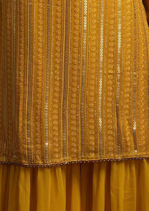 Stunning Yellow Designer Sharara Kurti Dupatta Set - Embroidered Faux Georgette & Georgette ClothsVilla