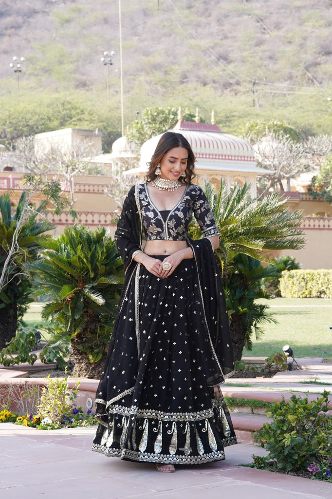 Black Designer Faux Blooming Lehenga Choli with Shimmering Sequins & Lace ClothsVilla