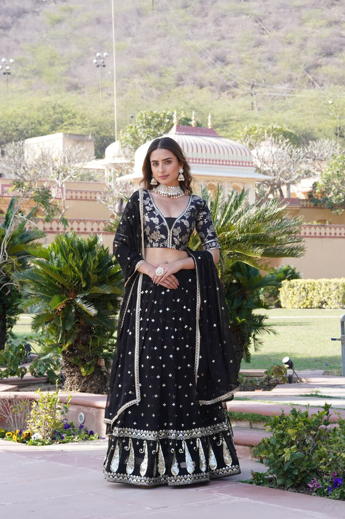 Black Designer Faux Blooming Lehenga Choli with Shimmering Sequins & Lace ClothsVilla