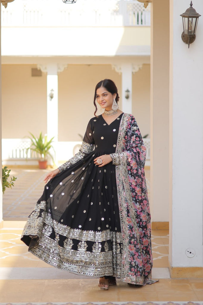 Black Exquisite Premium Designer Faux Georgette Gown with Embroidered Zari Sequins and Tabby Silk Dupatta ClothsVilla