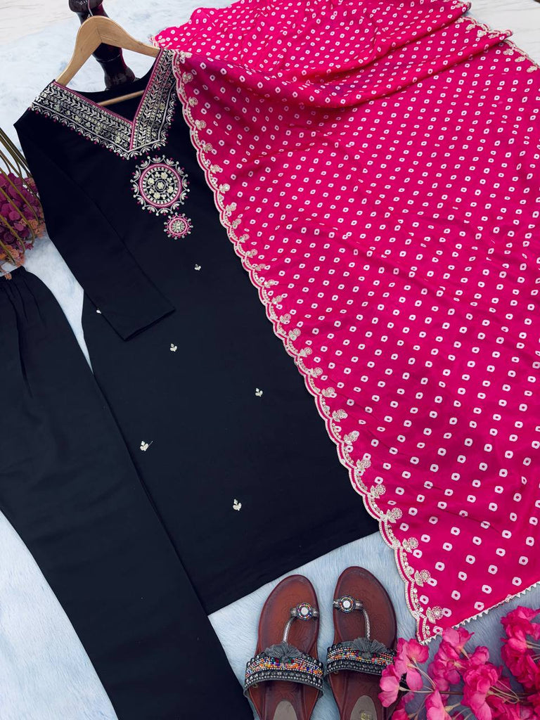 Black Luxe Designer Party Wear Heavy Modal Silk Top, Bottom & Dupatta Set ClothsVilla