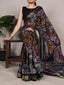 Black Polyester Kalamkari Print Saree ClothsVilla