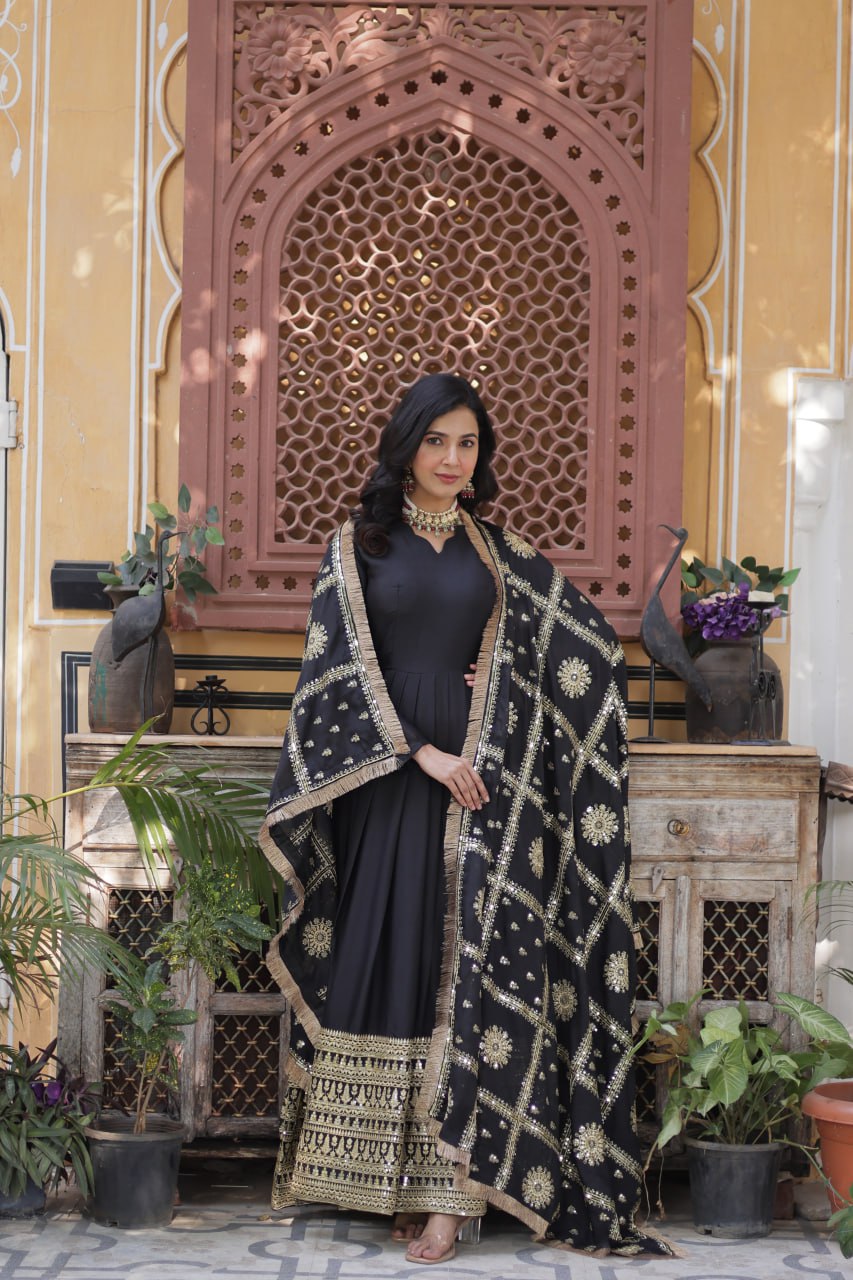 Designer Embroidery Zari Sequins Work Black Color Gown With Dupatta XXL