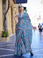 Blue Digital Print Saree in Satin Silk Blend – Party & Wedding Wear ClothsVilla