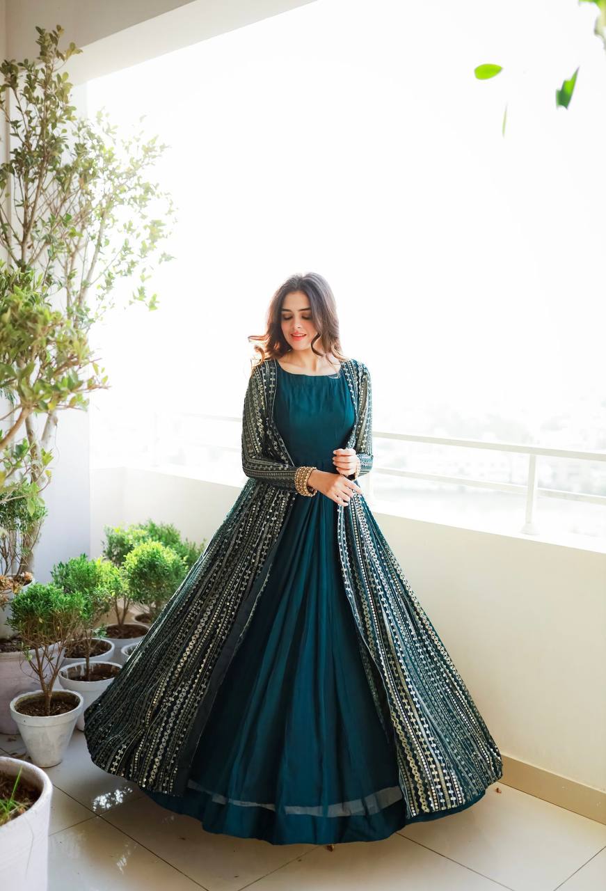 Blue Elegant Party Wear Gown & Long Koti Set with Embroidery and Sequins XL
