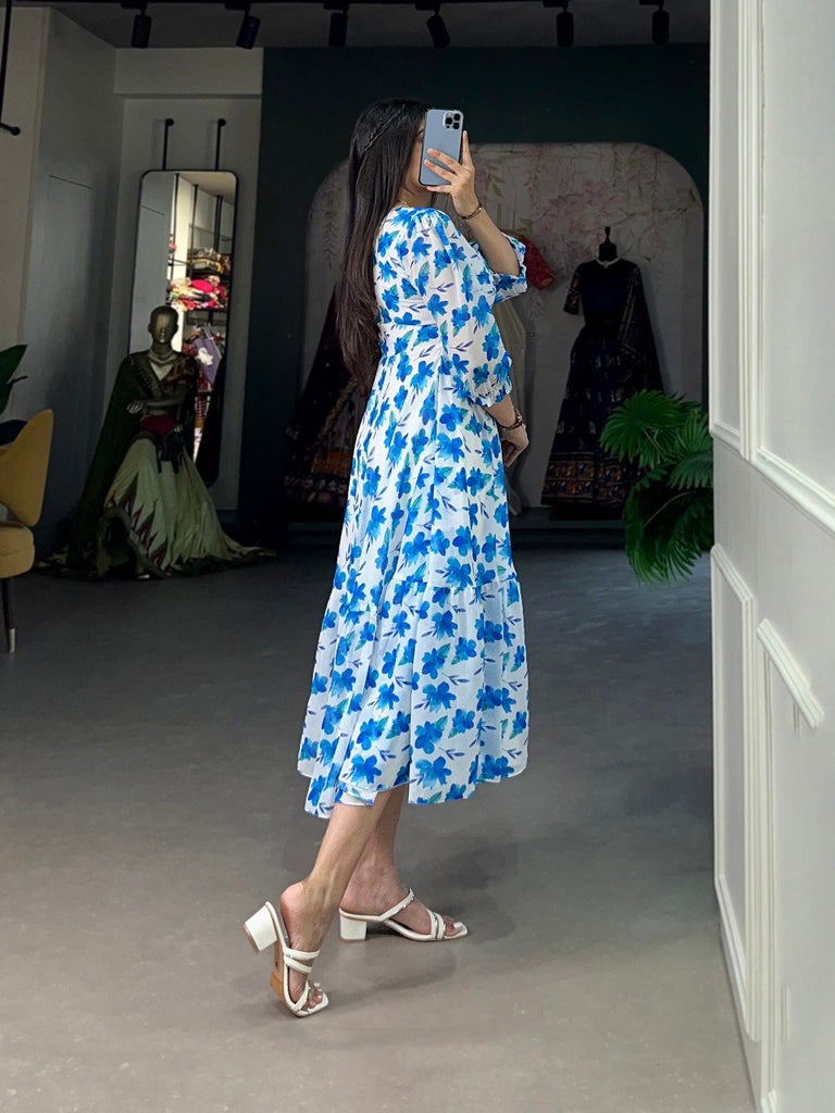 Blue Floral Georgette Frock - Elegant Spring Dress ClothsVilla