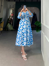 Load image into Gallery viewer, Blue Floral Georgette Frock - Elegant Spring Dress ClothsVilla
