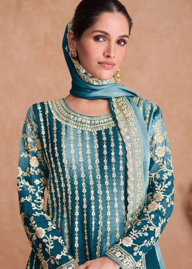 Blue Pakistani Outfit Wear Sharara Dress For Women Wedding Gharara Salwar Kameez With Embroidered Dupatta Bridesmaid's Wear Sharara Suit's