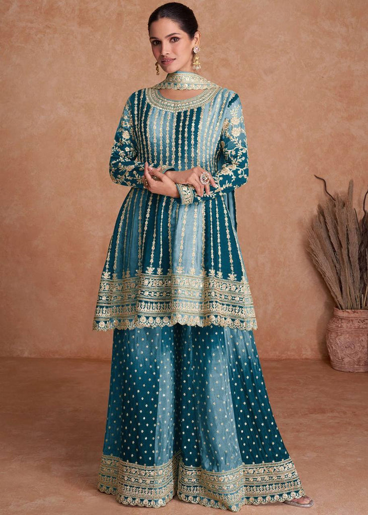 Blue Pakistani Outfit Wear Sharara Dress For Women Wedding Gharara Salwar Kameez With Embroidered Dupatta Bridesmaid's Wear Sharara Suit's