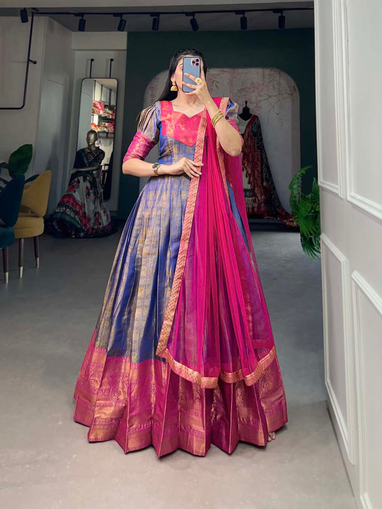 Regal Blue Zari Woven Kanjivaram Gown with Net Dupatta ClothsVilla