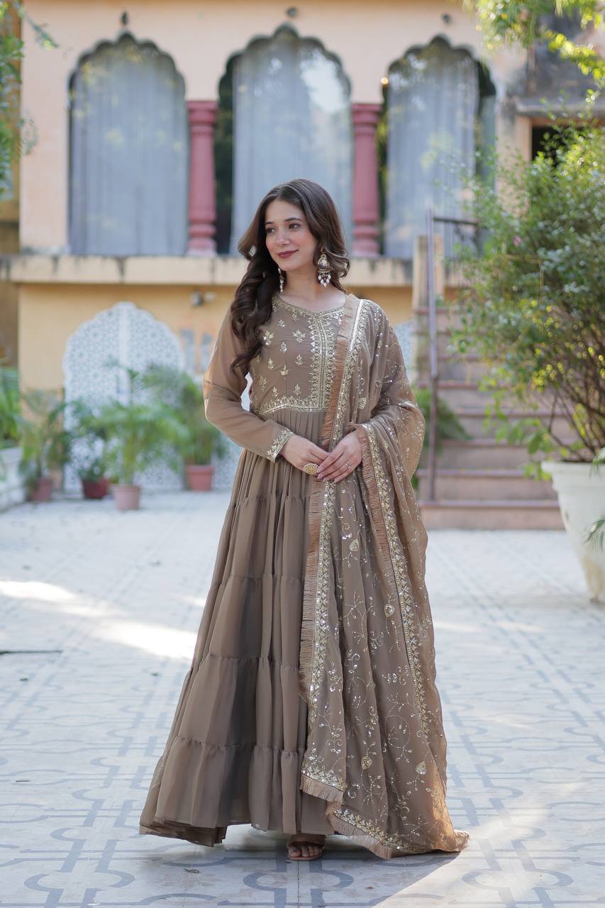 Brown Luxury Star Georgette Gown with Designer Embroidered Dupatta – 5-Layer Frill Flai M