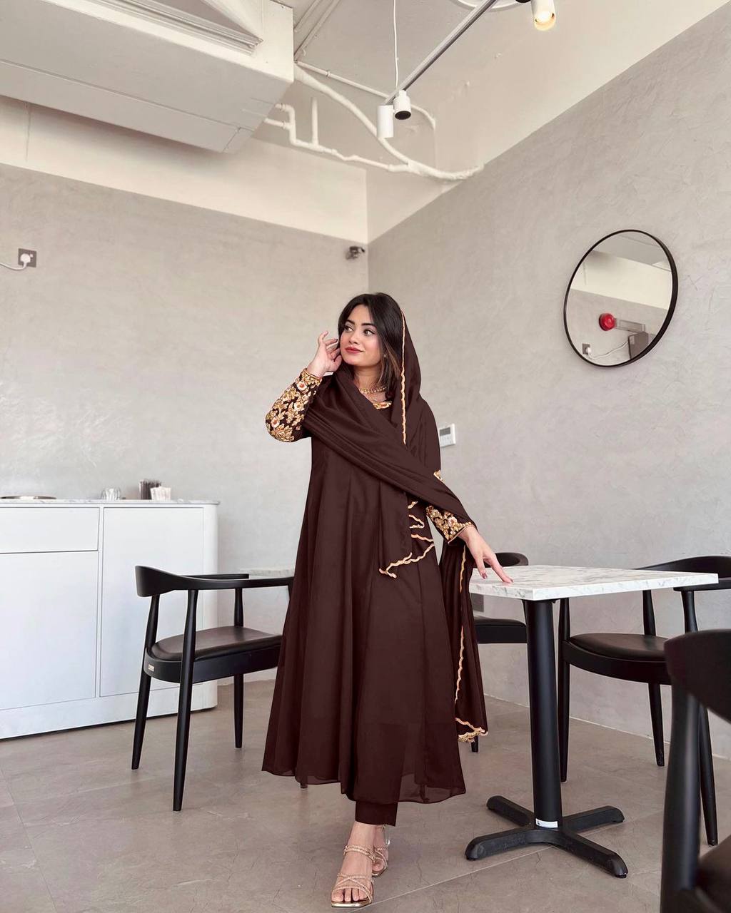 Brown Premium Designer Party Wear Anarkali Gown, Dupatta & Bottom Set - XL Brown Premium Designer Party Wear Anarkali Gown, Dupatta & Bottom Set - XL