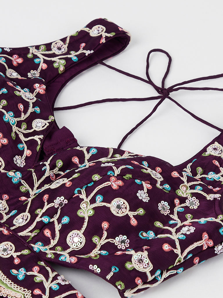 Burgundy Sequin Embroidered Lehenga Choli Set with Mirror Work & Digital Print Dupatta ClothsVilla