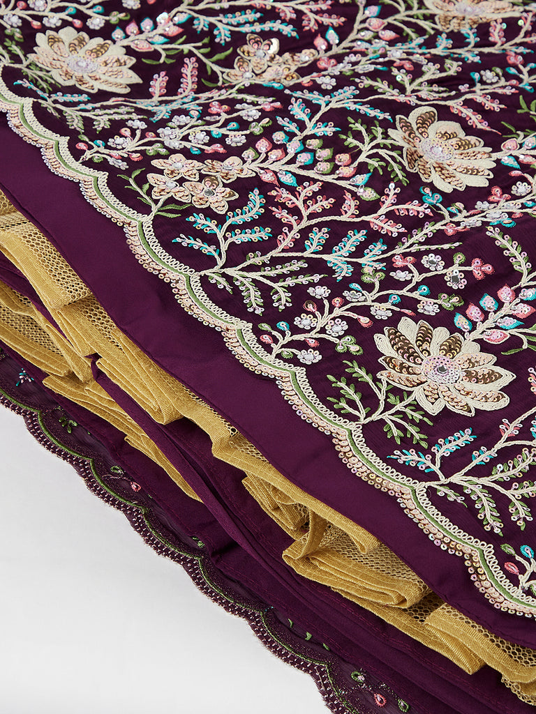 Burgundy Sequin Embroidered Lehenga Choli Set with Mirror Work & Digital Print Dupatta ClothsVilla