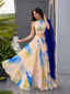 Beige & Royal Blue Printed Organza Lehenga Choli ClothsVilla