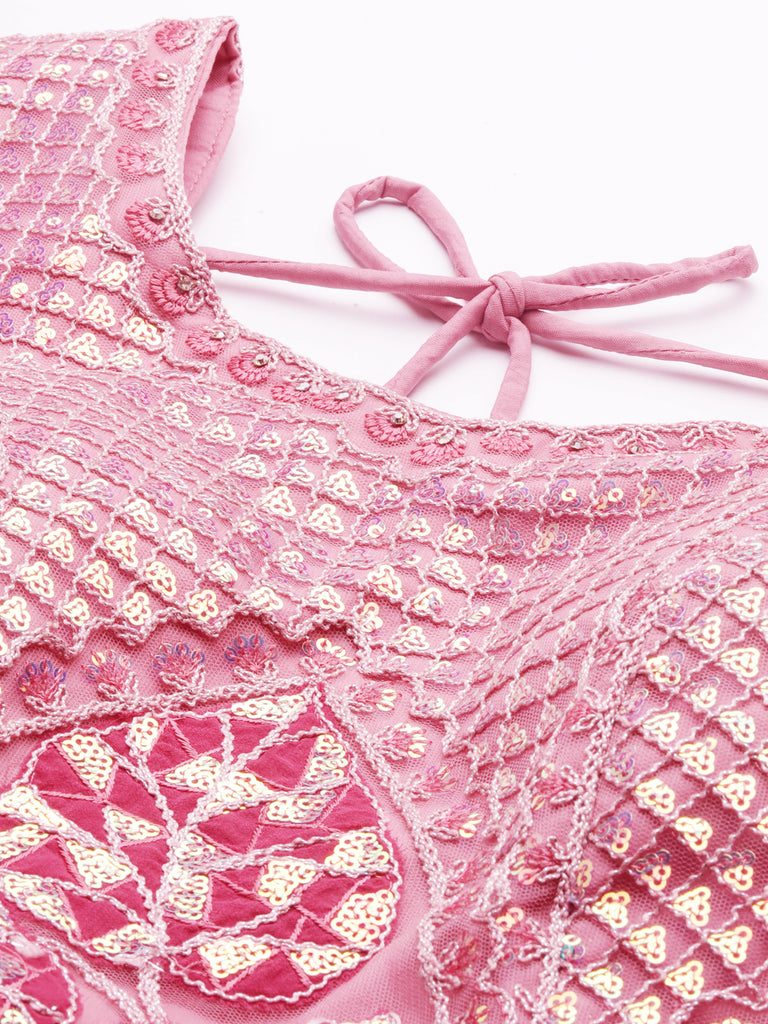 Coral Net Sequinse Work Semi-Stitched Lehenga & Unstitched Blouse, Dupatta Clothsvilla