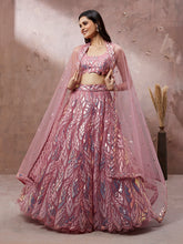 Load image into Gallery viewer, CORAL Net Sequinse Work Semi-Stitched Lehenga &amp; Unstitched Blouse, Dupatta ClothsVilla