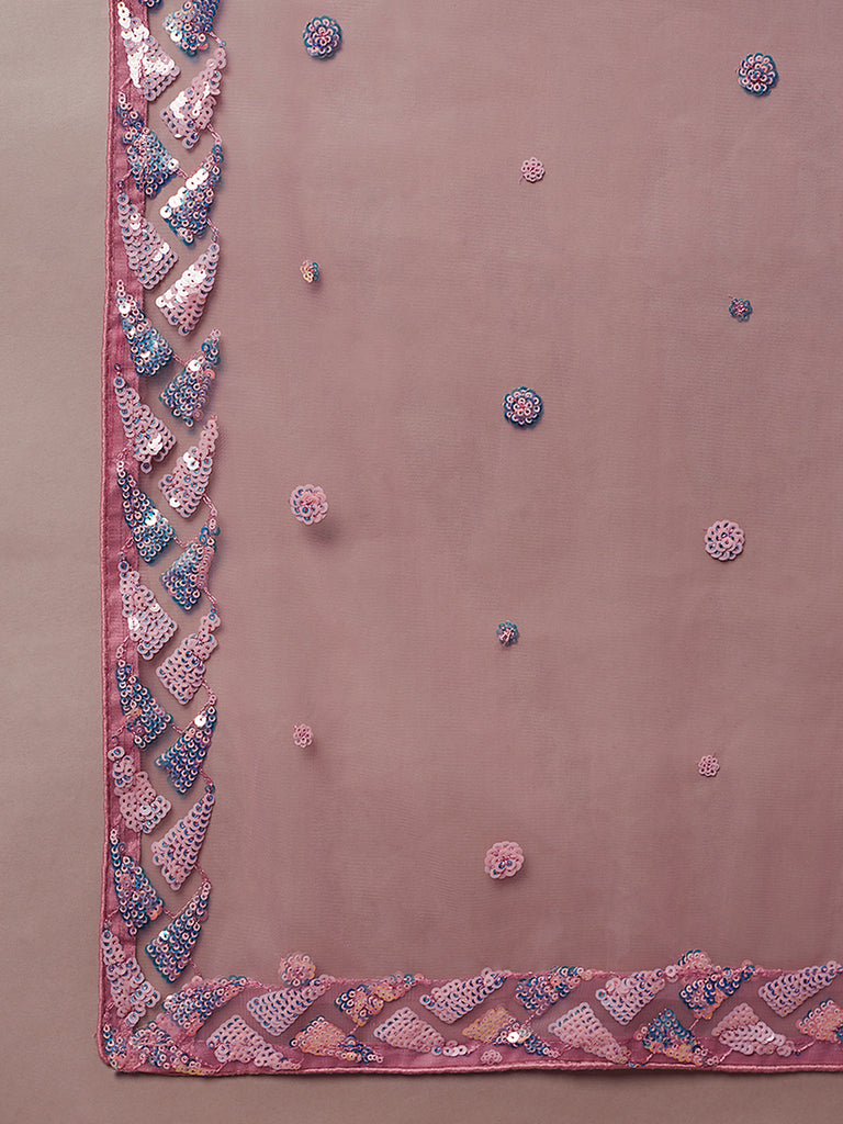 CORAL Net Sequinse Work Semi-Stitched Lehenga & Unstitched Blouse, Dupatta ClothsVilla