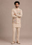 Cream Men's Roman Silk Kurta Pant Koti Set ClothsVilla