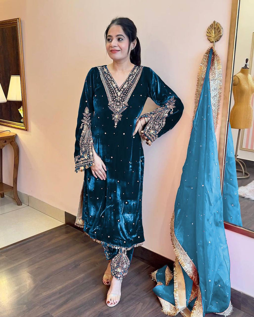 Cyan Heavy Pure Viscose Velvet Top with Plazzo & Dupatta Set - Embroidery, Sequence Work, and Rivet Moti Accents ClothsVilla