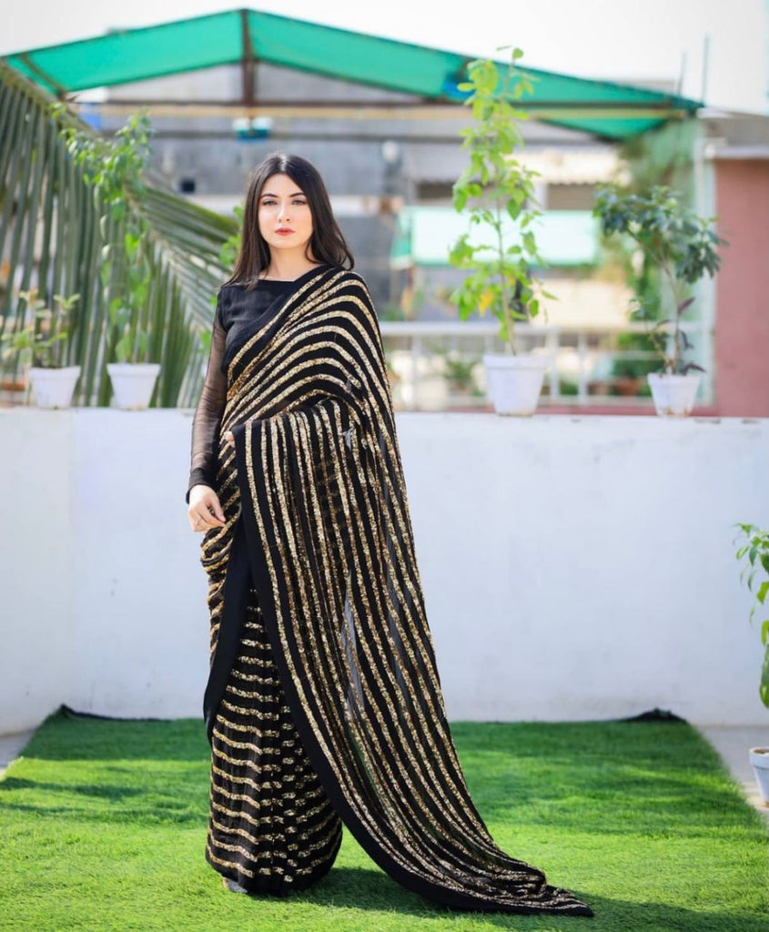 Dazzling Black & Gold Striped Sequin Saree - Weave Elegance at Weddings & Parties ClothsVilla