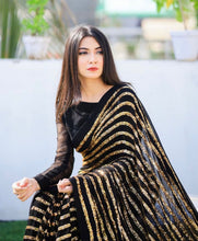 Load image into Gallery viewer, Dazzling Black &amp; Gold Striped Sequin Saree - Weave Elegance at Weddings &amp; Parties ClothsVilla