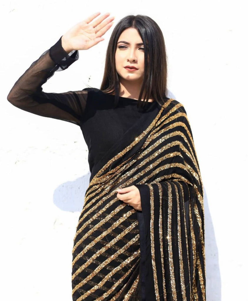 Dazzling Black & Gold Striped Sequin Saree - Weave Elegance at Weddings & Parties ClothsVilla
