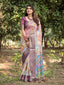 Pastel Beige Tussar Silk Saree with Vibrant Floral Motifs and Zari Border DIGITAL PRINT