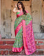 Green and Pink Tussar Silk Saree with Vibrant Ikat Patterns and Zari Border DIGITAL PRINT