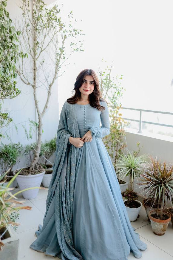 Dusty Blue Elegant Designer Party Wear Gown Dupatta Set