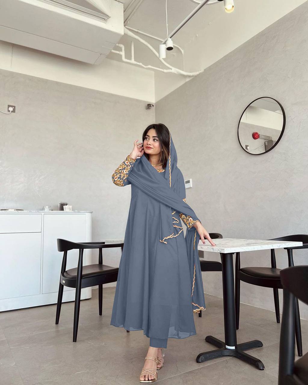 Dusty Blue Premium Designer Party Wear Anarkali Gown, Dupatta & Bottom Set - XL Dusty Blue Premium Designer Party Wear Anarkali Gown, Dupatta & Bottom Set - XL