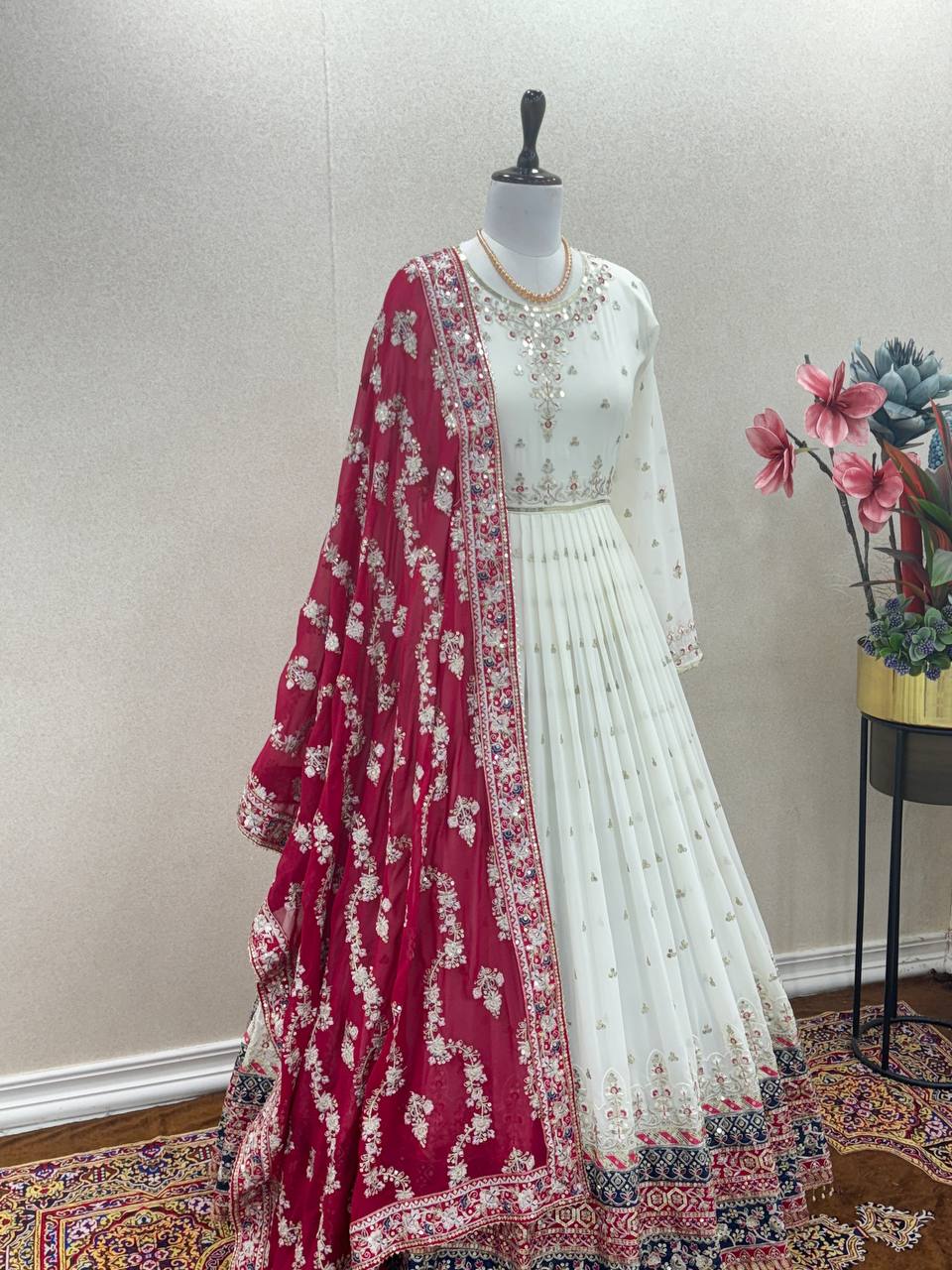 Party Wear White Dress And Red Dupatta Full Pair White Dress With Red  Dupatta For Durga