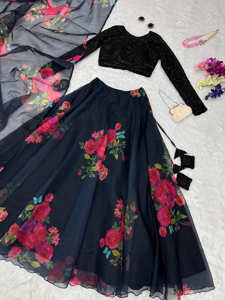 Exquisite Black Floral Lehenga Set ClothsVilla