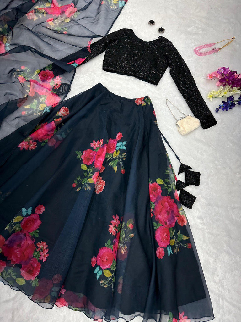 Exquisite Black Floral Lehenga Set ClothsVilla