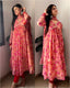Exquisite Peach Floral Nayra Cut Kurti with Fancy Puff Sleeves & Flared Silhouette ClothsVilla