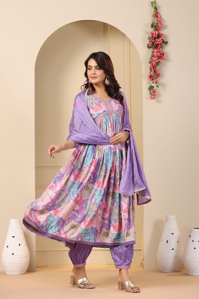Exquisite Purple Hand-Embroidered Cotton Masleen Alia Cut Suit Set with Digital Shine Prints ClothsVilla
