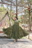 Faux Georgette Mehendi Gown with Cascading Frills and Sequin Dupatta ClothsVilla